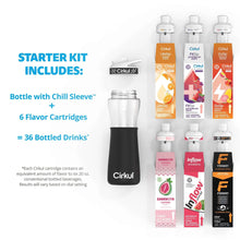 Water bottle starter kit with black chill sleeve and flavor cartridge packs