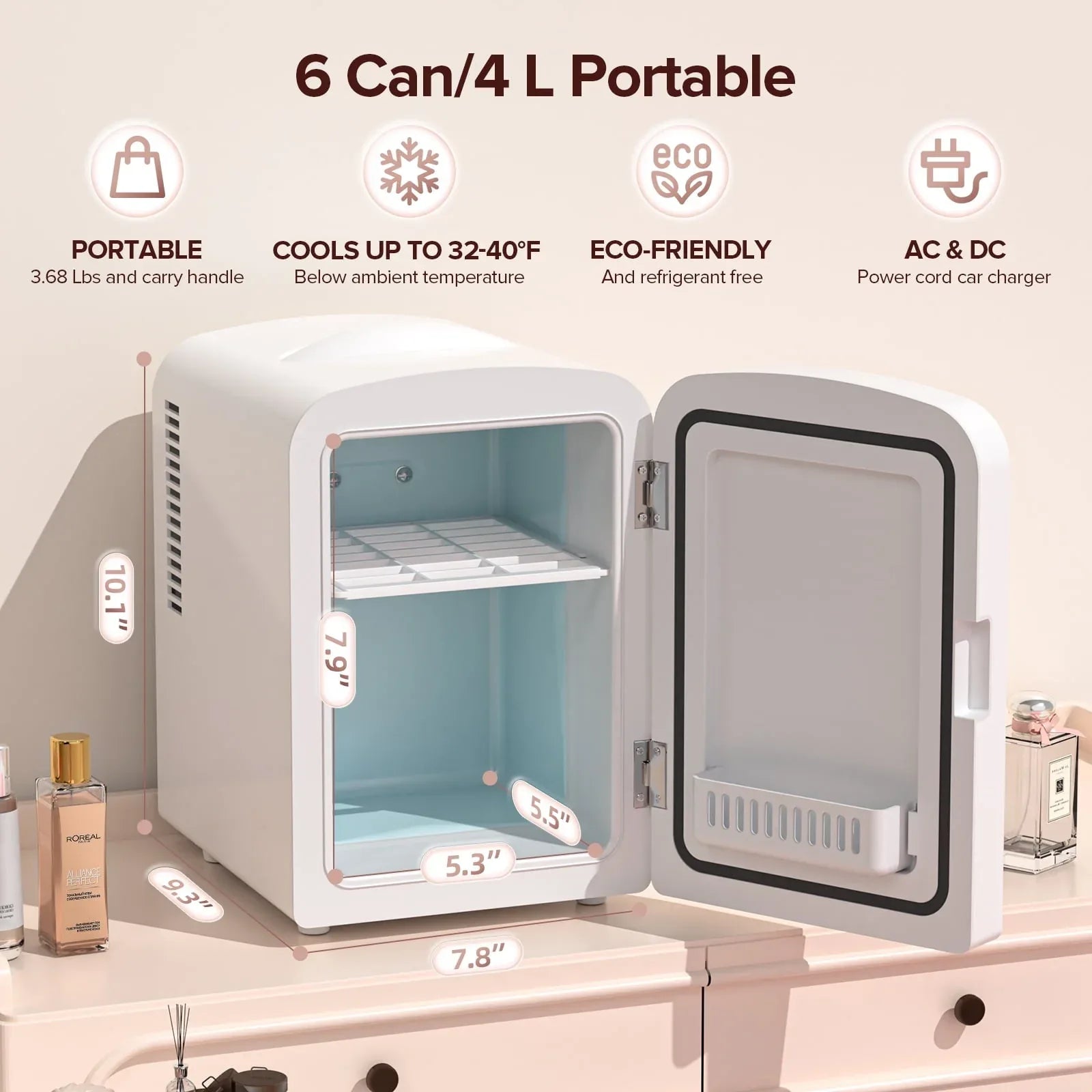Auseo Mini Portable Fridge Personal, Countertop, 4L/6 Cans, Cooler Small Refrigerator, Front Door Stainless Steel, AC/DC, Option for Skincare, Makeup, Drinks, Dorm Room, White - USA MEGA SHOP