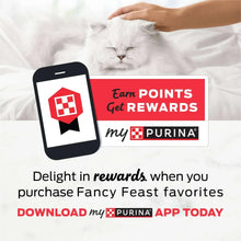 Purina Fancy Feast wet cat food promo with white cat and my Purina app rewards graphic