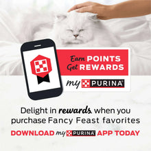 Wet cat food promo panel with white cat and hand petting