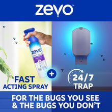 Zevo insect killer spray bottle with blue nozzle and trap display