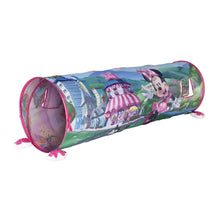 Kids play tunnel tent with Minnie graphics, long tube shape, and pink-trim entrances