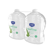 Liquid hand soap bottles, aloe vera formula, two-pack, front view from opposite angle