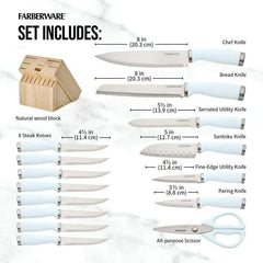 Farberware Classic 16-Piece Natural Knife Block Set with Kitchen Shears, Ice Blue