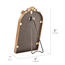 Back view of arched gold tabletop floral art frame with metal support stand