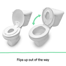 Flip-up potty seat with lid opened and rotated to the side, showing the bowl insert