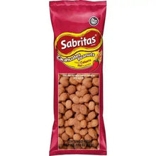 Sabritas cacahuates peanuts snack bag, red with whole peanuts inside.