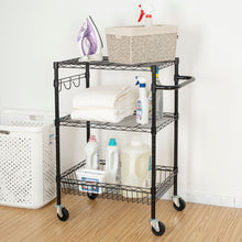 Black 3-tier wire rolling cart with side handle, shelves filled with cleaning bottles and towels