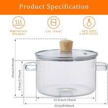 Glass cooking pot with lid, clear ribbed body and two side handles, cork knob