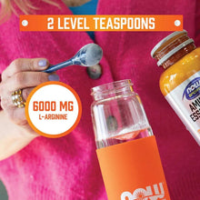 L-Arginine powder scoop with 6000 mg label and NOW Sports bottle