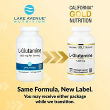 Two L-Glutamine supplement bottles with 1,000 mg and 240 veggie capsules labels