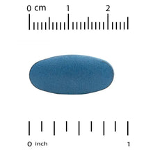 Blue spirulina tablet with size scale, about 1 inch
