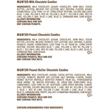 Ingredients list for M&M's milk chocolate, peanut, and peanut butter candies