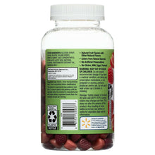 Multivitamin gummies bottle with back label text and dark berry-colored gummies at base