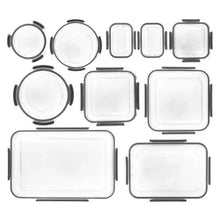 Clear Tritan food container collection with black latch handles, various rectangular and round