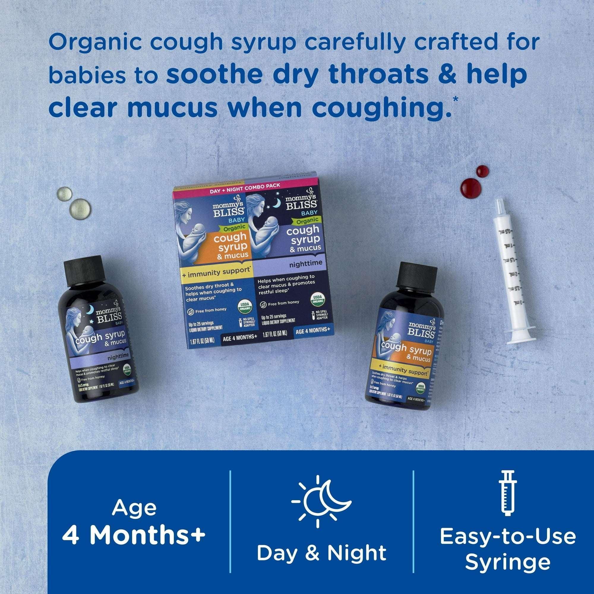 Mommy’s Bliss Organic Day + Night Cough Syrup, Age 4 Months+, OTC, 2 × 1.67 fl oz Bottles