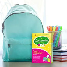 Culturelle Kids Purely probiotics chewable tablets package beside turquoise backpack