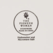 The Pioneer Woman stoneware base stamp, made in China; dishwasher and microwave safe