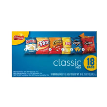 Snack chip variety pack front with Lay's, Doritos, Cheetos, Ruffles, Fritos bags, 18 count