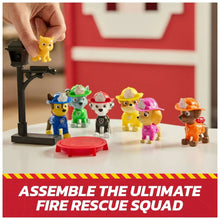 Fire rescue dog figure lineup with black stand and red round platform accessory