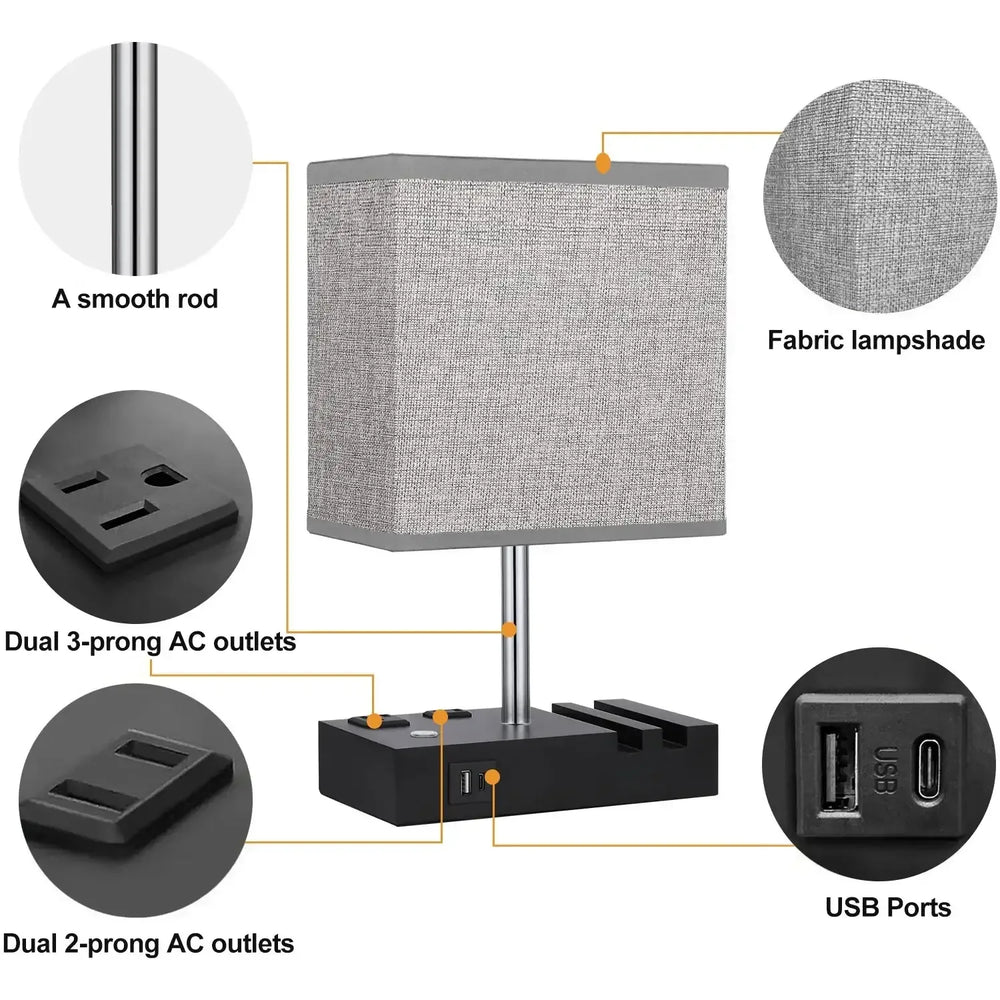 HadinEEon Bedside Table Lamps with 2 Phone Stands, Gray - USA MEGA SHOP
