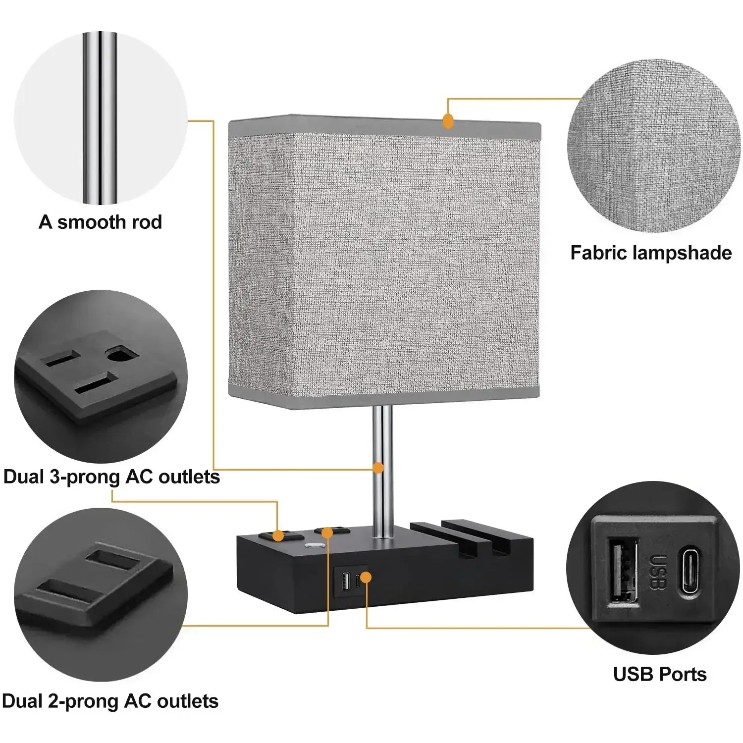HadinEEon Bedside Table Lamps with 2 Phone Stands, Gray