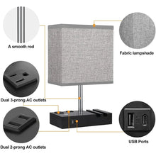 Gray fabric lampshade table lamp with USB ports and dual AC outlets (diagram)