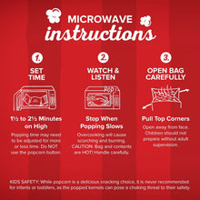 Microwave instructions for kettle corn popcorn: set time, watch, open bag carefully