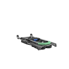 Folded folding hand truck with green handle and black platform base
