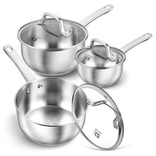 Stainless steel saucepan set with lids and handles, 6-piece cookware in metal finish.