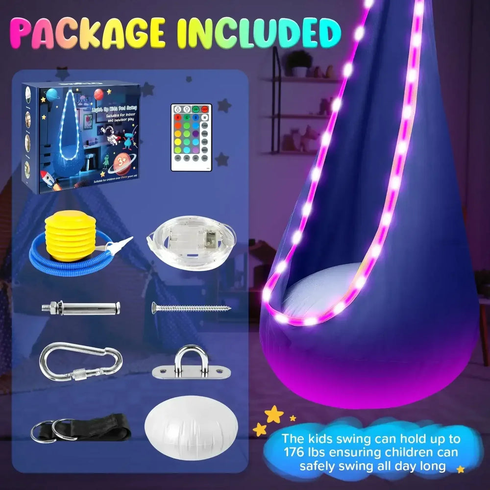 UQN Kids Pod Swing Seat, Light Up Hanging Hammock Chair with Inflatable Pillow, Indoor and Outdoor Toy Sensory Swing for kids, 100% Cotton Loading Capacity 176 lbs - USA MEGA SHOP