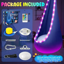 Blue kids hanging hammock swing seat with glowing LED lights and included parts