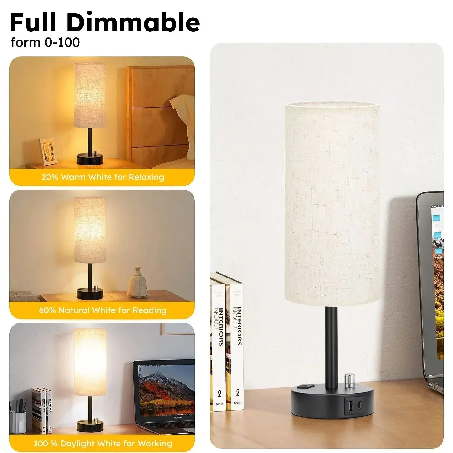 HadinEEon Bedside Table Lamp, Fully Dimmable Lamp with USB C&A Fast Charging Port, AC Outlet, Lamp with Linen Fabric Shade and Black Base for Bedroom Living Room, Office, Dorm