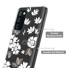 Phone case with black background, white floral print, clear flexible bumper edges