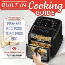 Black air fryer with panoramic window and holographic cooking guide display panel
