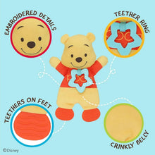 Winnie the Pooh sensory blanky with teether ring, star tag, and crinkly belly