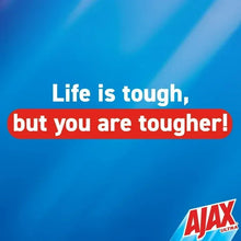 Ajax Ultra liquid dish soap container, blue background with red Ajax logo and slogan.