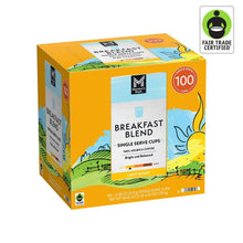 Coffee single-serve cups box labeled Breakfast Blend light roast, 100 count