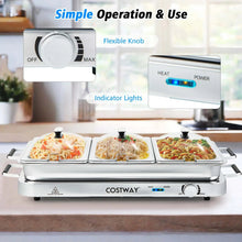 Stainless steel warming tray front with control knob and blue power indicator lights