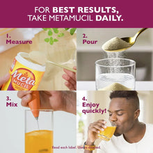 Orange fiber supplement mixing steps with scoop, jar, and glass