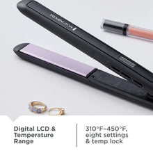 Black flat iron with purple ceramic plates and control panel on handle