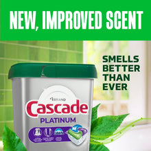 Cascade Platinum dishwasher detergent pods tub with fresh scent graphic and leaf accents