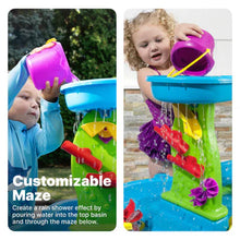 Kids' rain shower splash water table with purple jug pouring into blue basin
