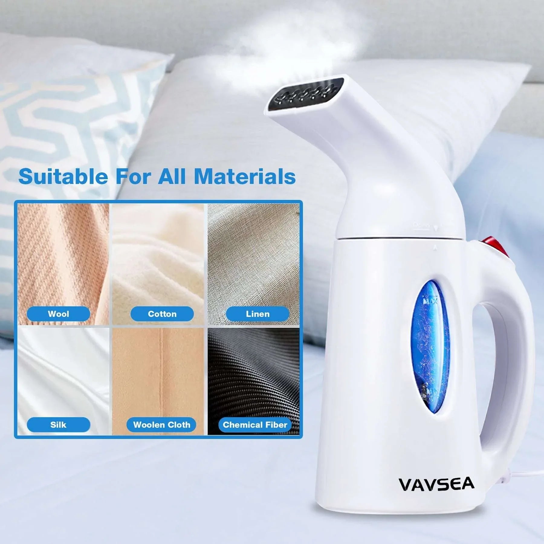 VAVSEA Steamer for Clothes, Portable Garment Steamer, Auto Shut-off Function, Wrinkles/ Steam/ Soften/ Clean/ Sterilize, White - USA MEGA SHOP
