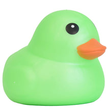 Light green jumbo squishy duck toy with black eye and orange beak.