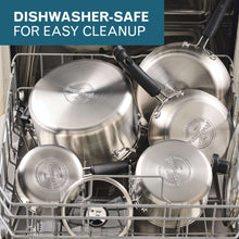 Stainless steel cookware including covered saucepan in dishwasher rack