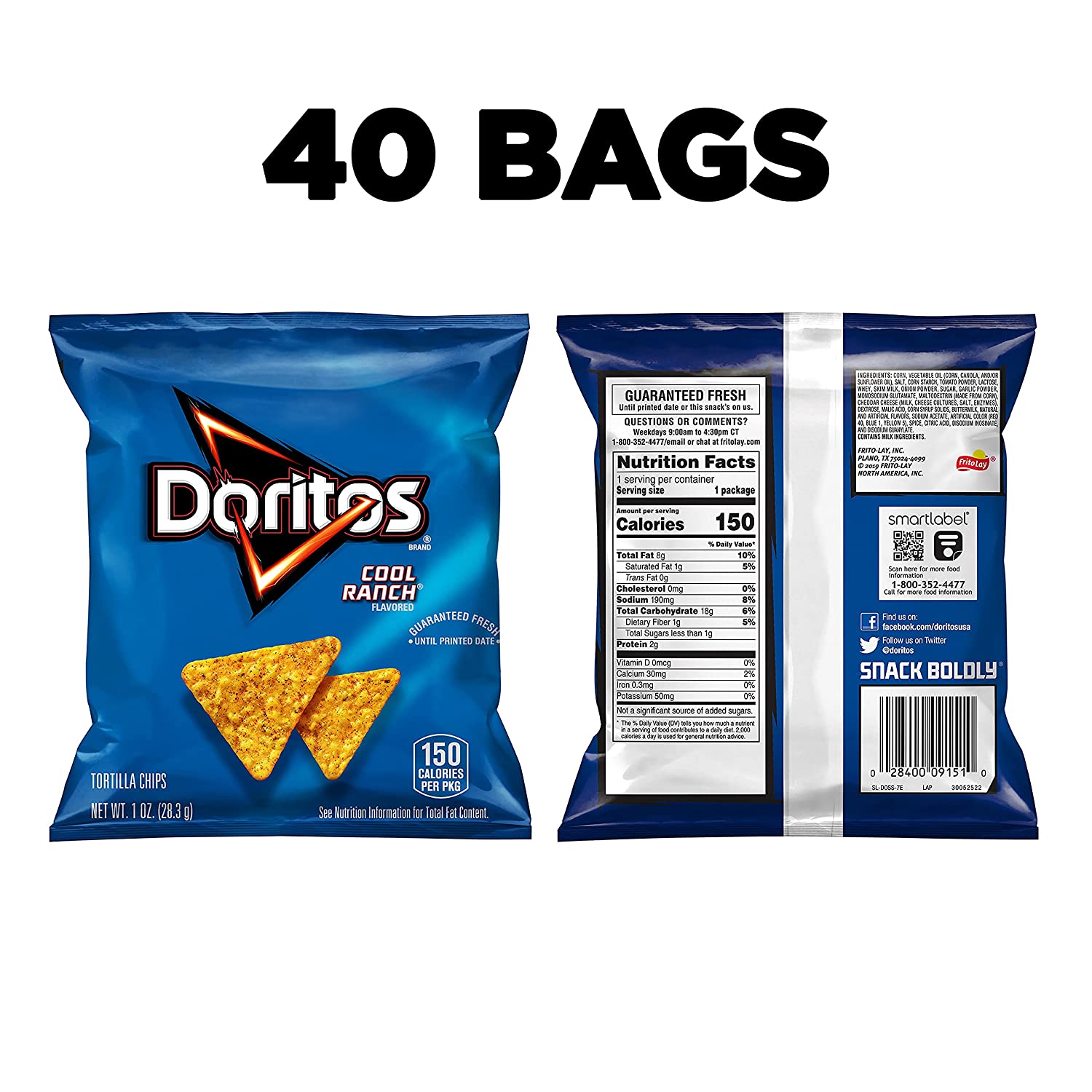 Doritos Cool Ranch Flavored Tortilla Chips Snacks Multipack, 1 oz Bags, 40 Count