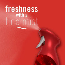 Red aerosol air freshener bottle with curved nozzle for fine mist spray