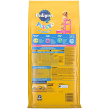 Back of Pedigree Puppy dry dog food bag with ingredient and feeding information