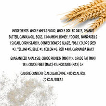 Dog treat label showing ingredients, guaranteed analysis, and calorie content